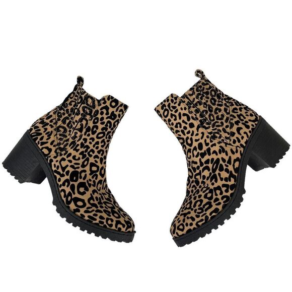Qupid Cheetah Ankle Boots Bootie Animal Print Size 8 Black Tan Chunky Block Heel - Picture 6 of 13